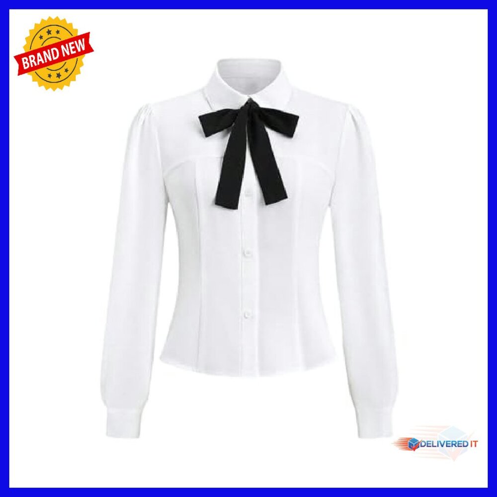 Polyester Puff Sleeve Button Down Crop Blouse Fit… - image 2